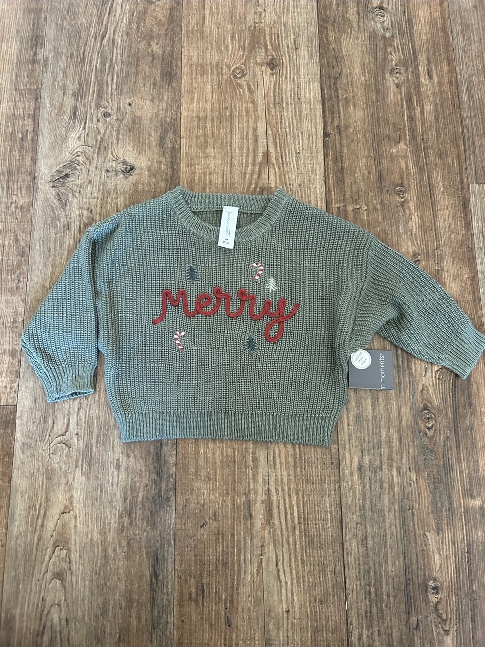 Gerber Sage Green 'Merry' Crewneck Sweater with Red Appliqué